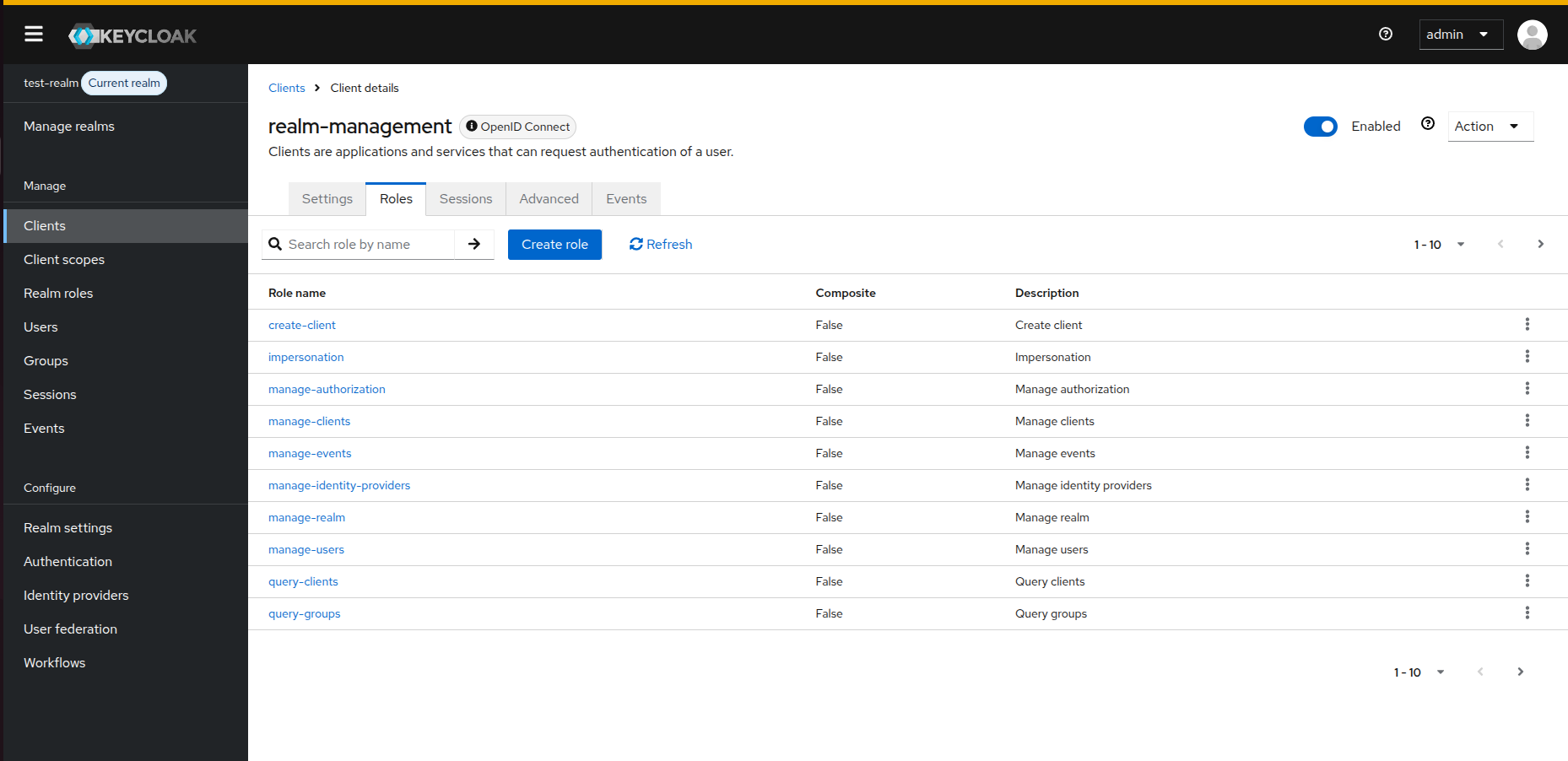Keycloak Admin Console showing roles still present after import