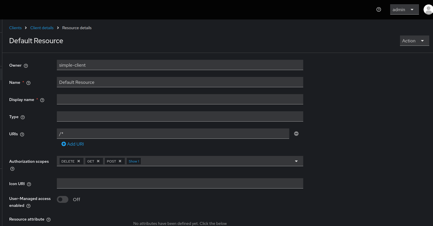 Client authorization settings with scopes, resources, and policies properly configured