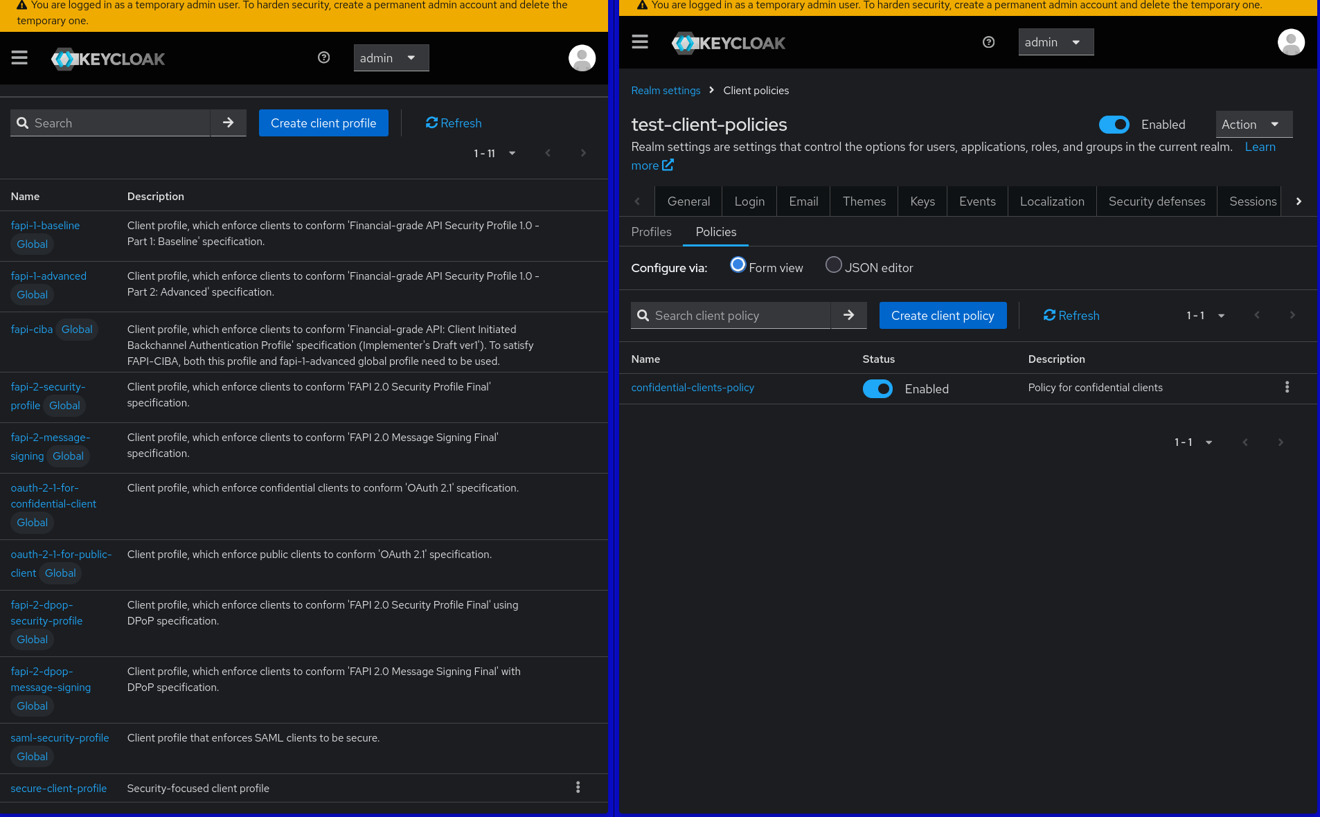 Client policies configuration in Keycloak admin console