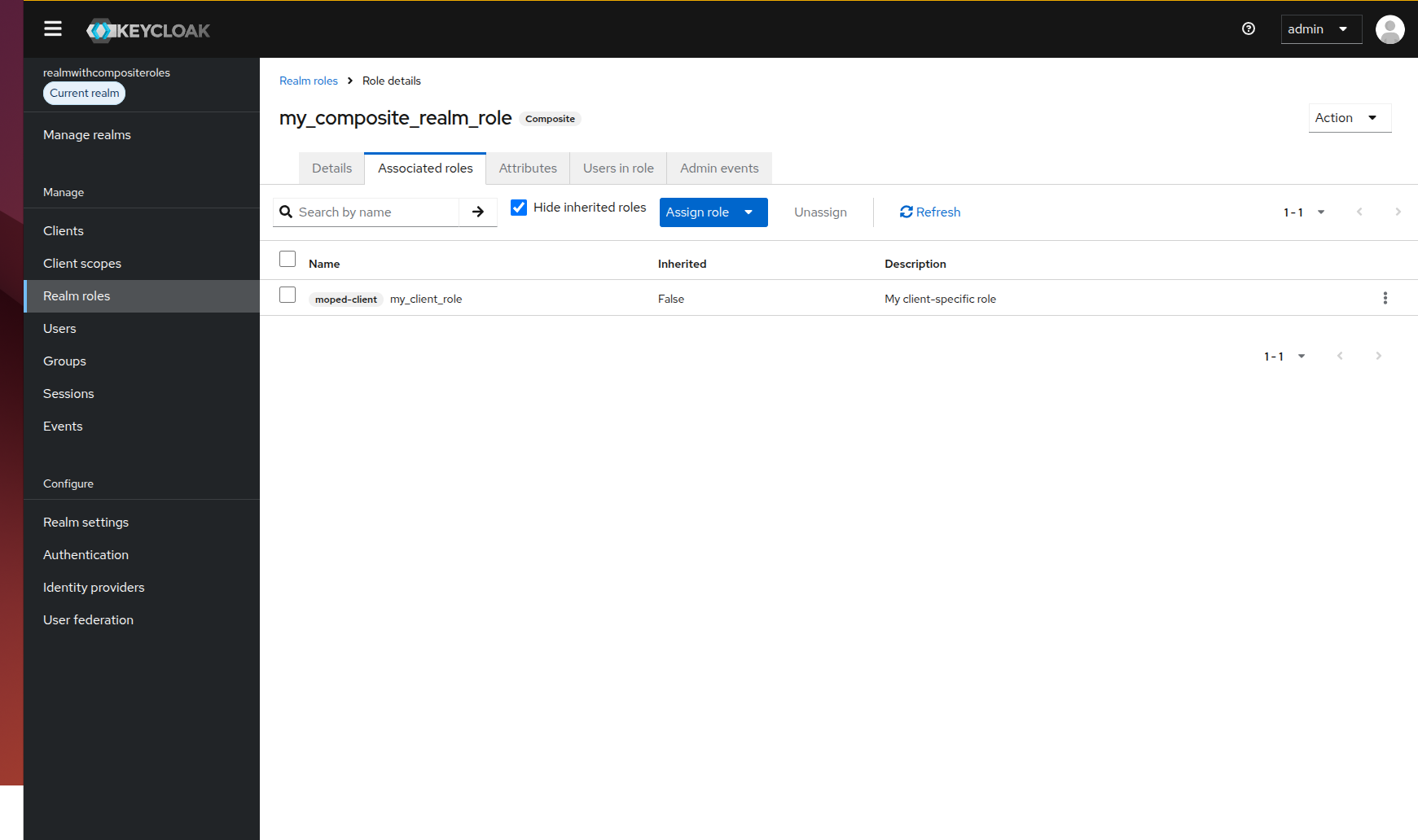 Keycloak Admin Console showing the composite role with all associated realm roles cleared