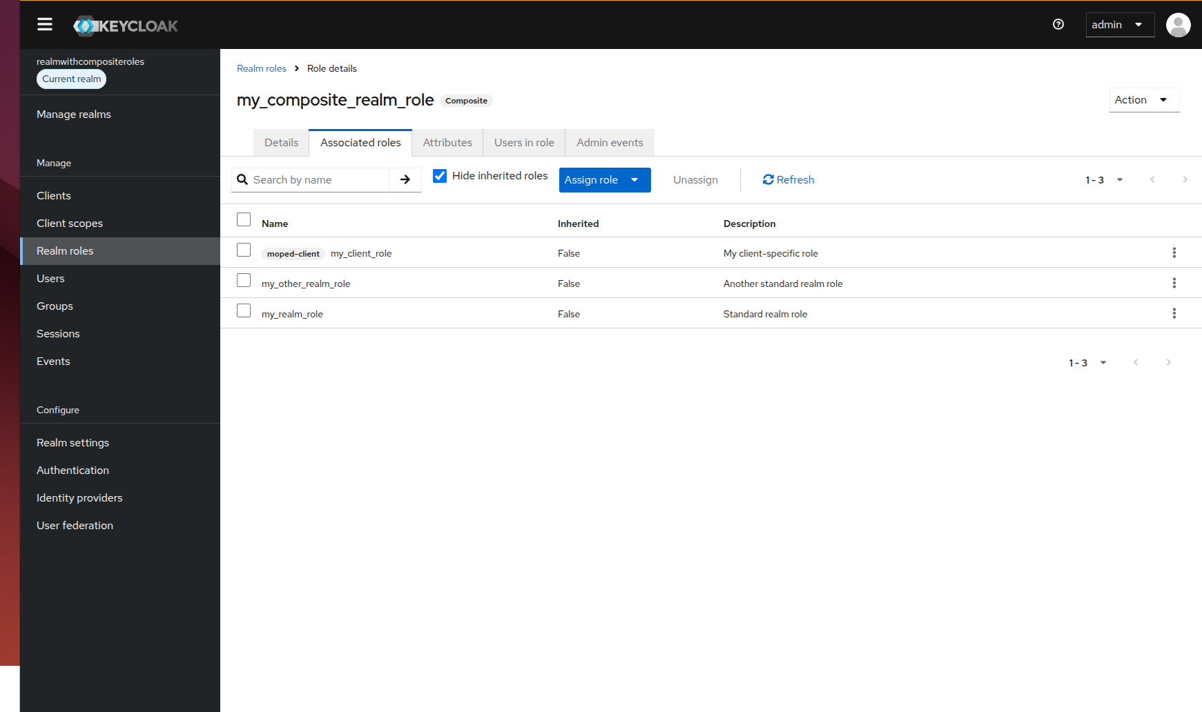 Keycloak Admin Console showing the newly created composite realm role with associated realm and client roles