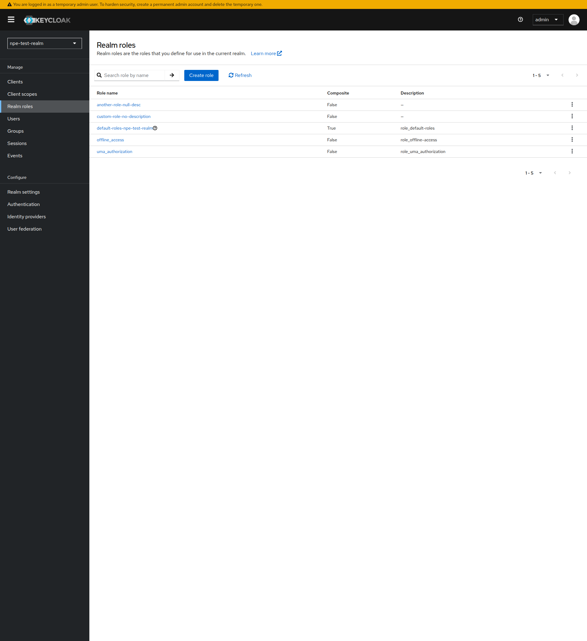 Realm roles with null descriptions in Keycloak Admin Console