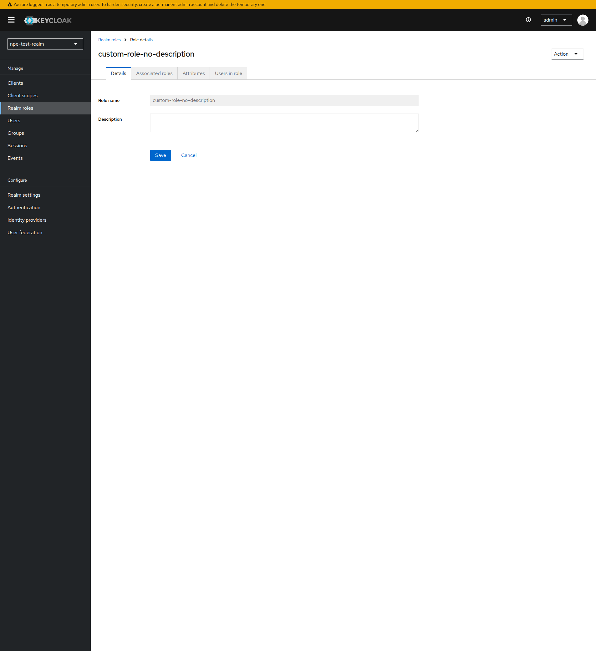 Role detail page showing empty description field