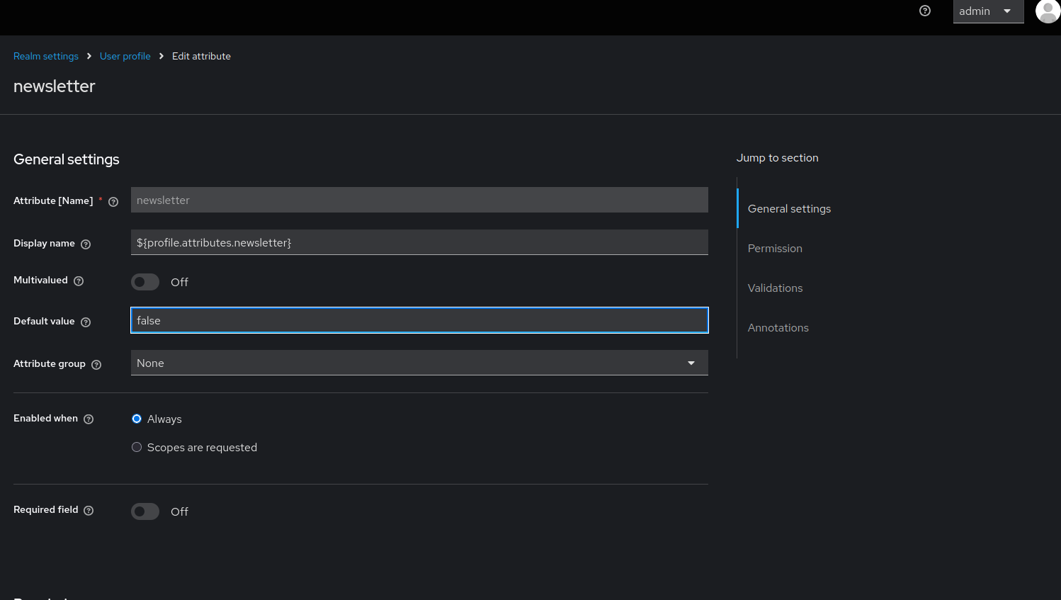 User profile with default value for newsletter attribute