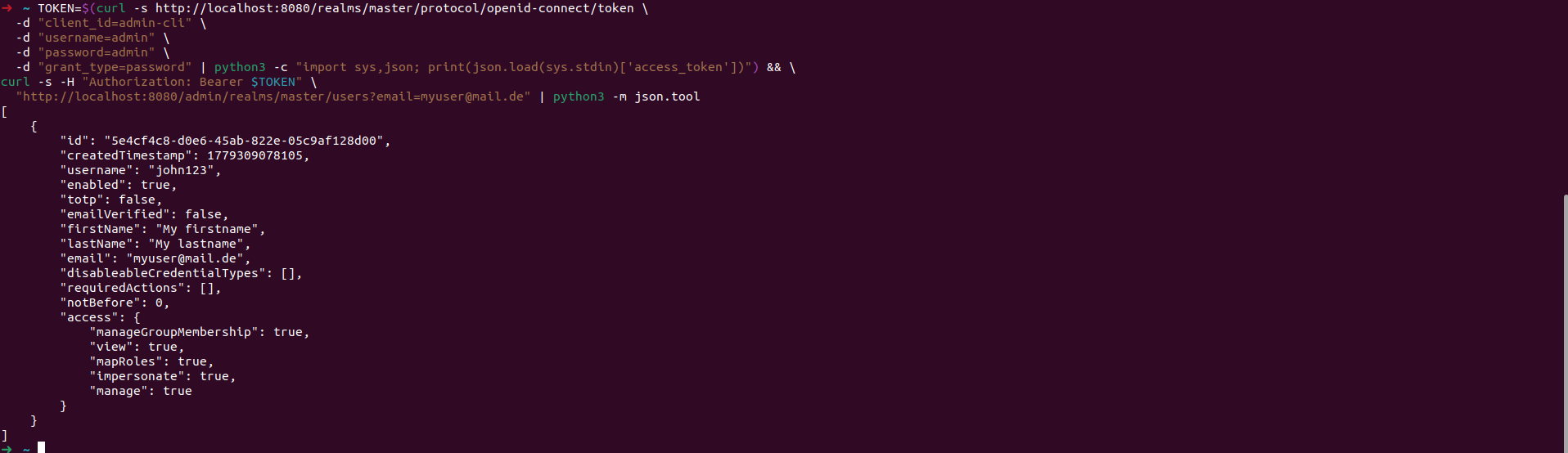 Verify user still has username john123 via email lookup