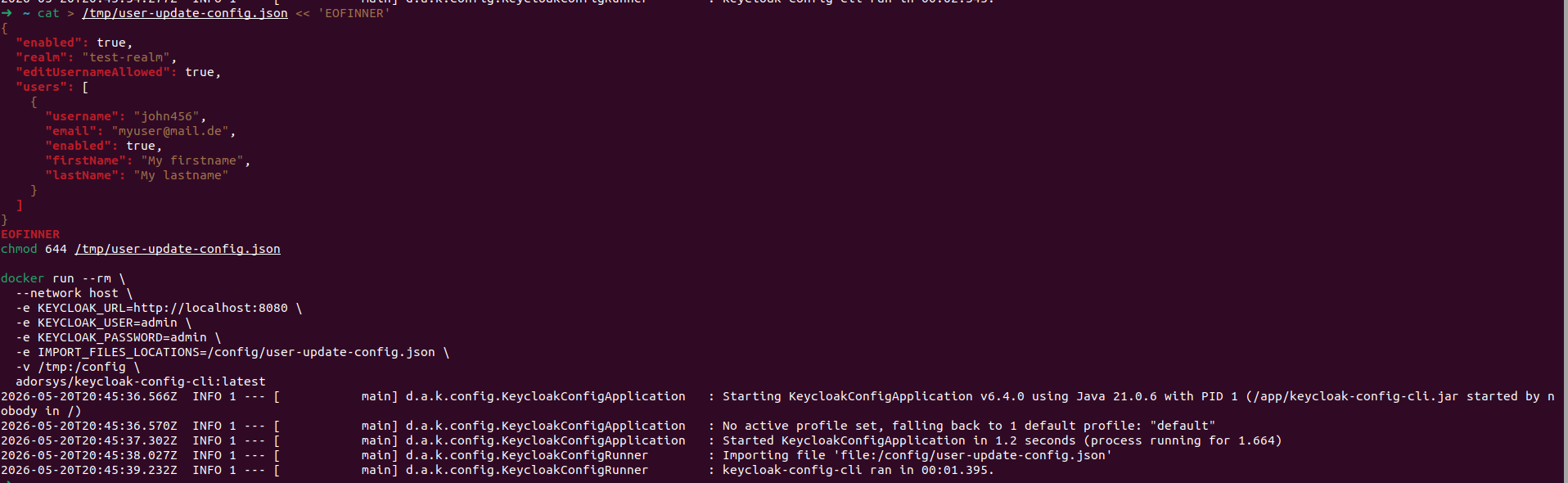Run keycloak-config-cli on test-realm with john456 config